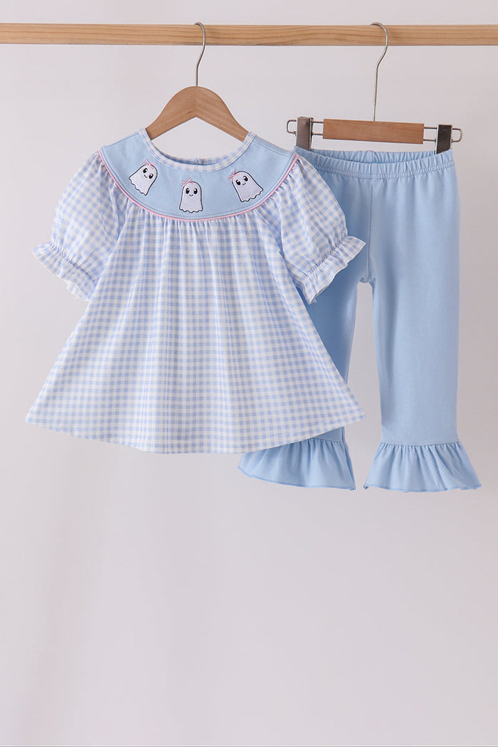 Ghost embroidery gingham ruffle pants set