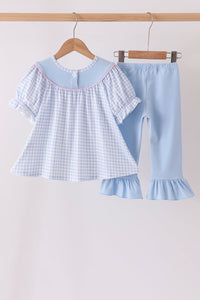 Ghost embroidery gingham ruffle pants set