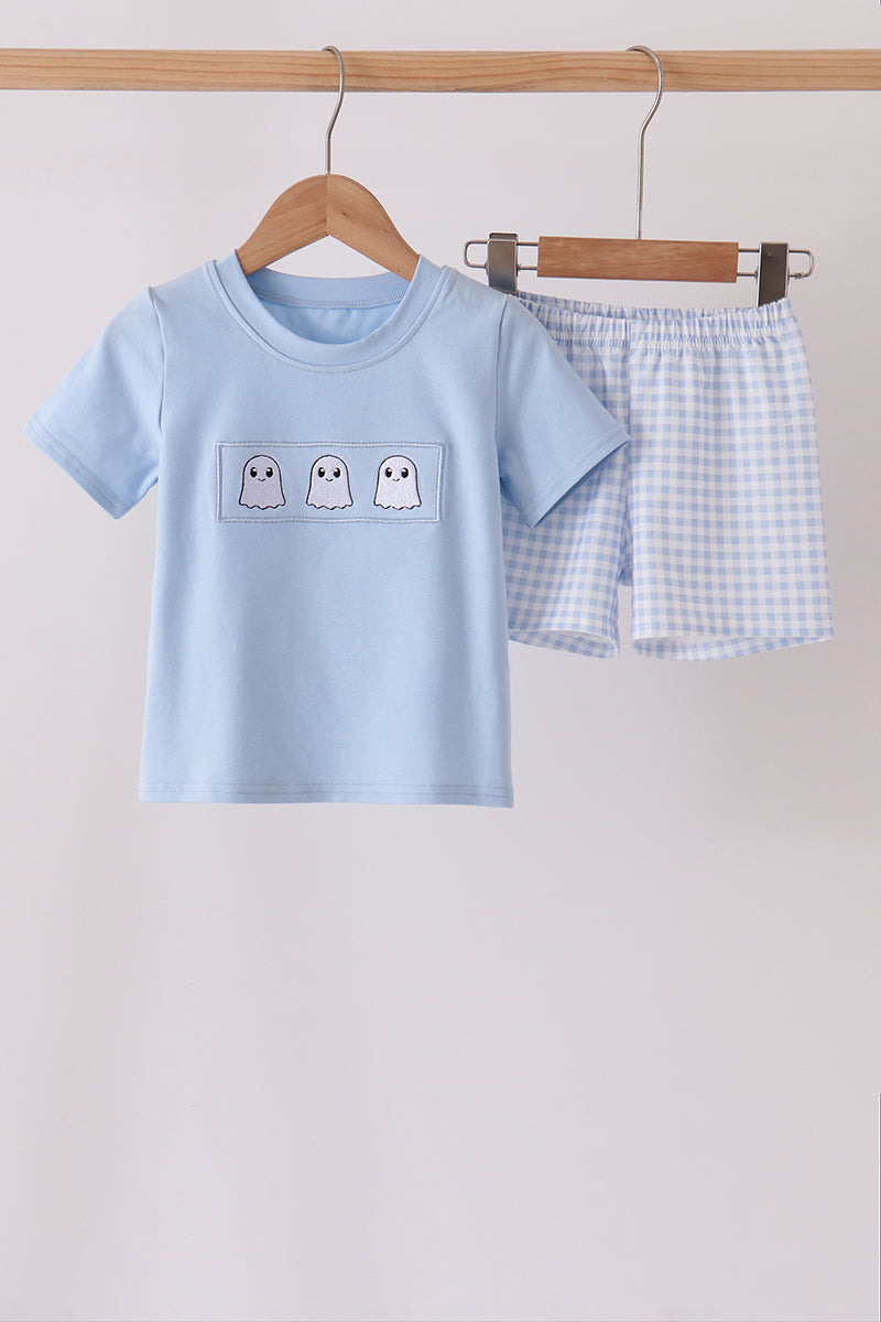 Ghost embroidery gingham shorts set