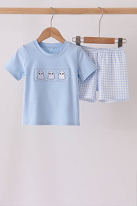 Ghost embroidery gingham shorts set