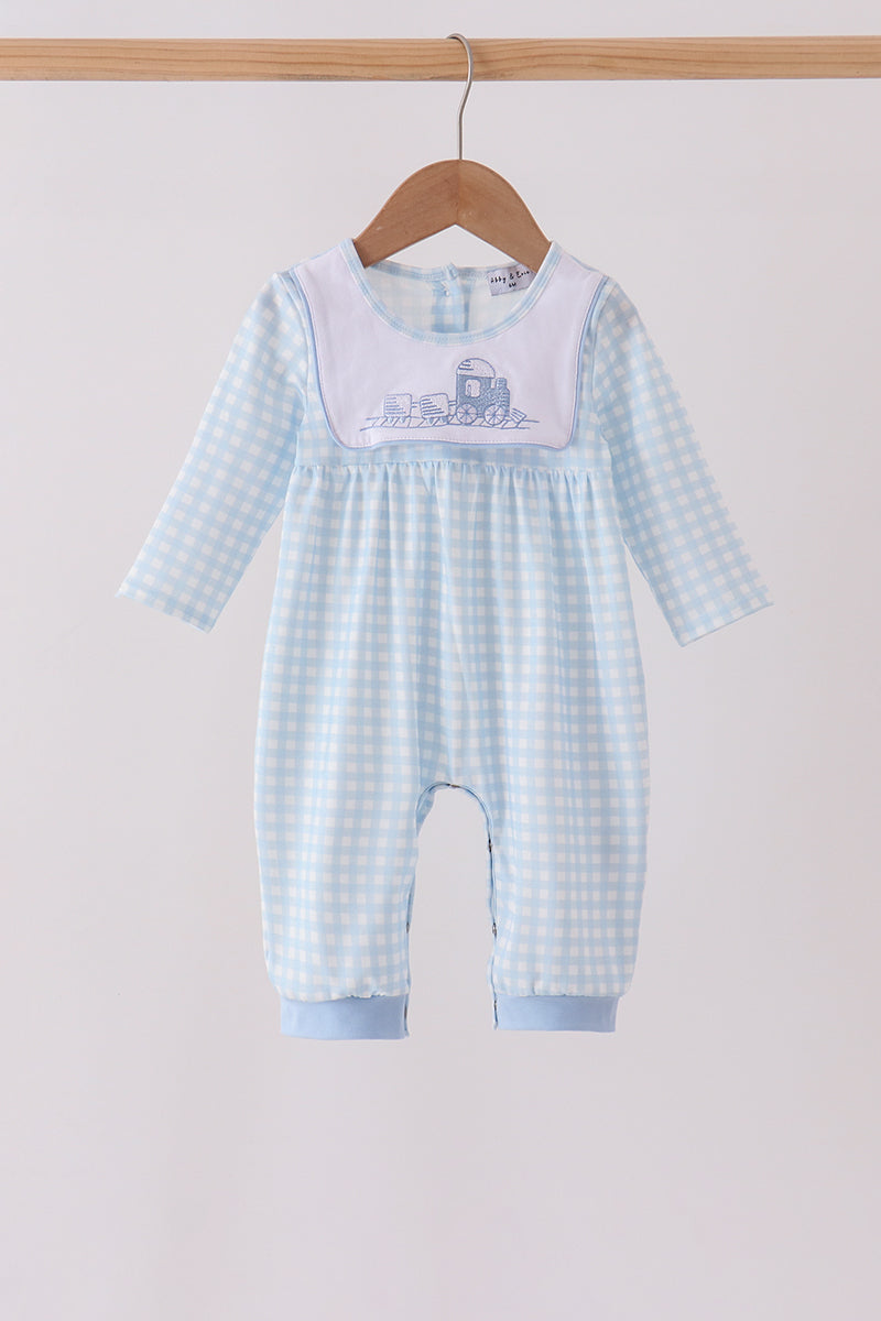 Train embroidery gingham romper