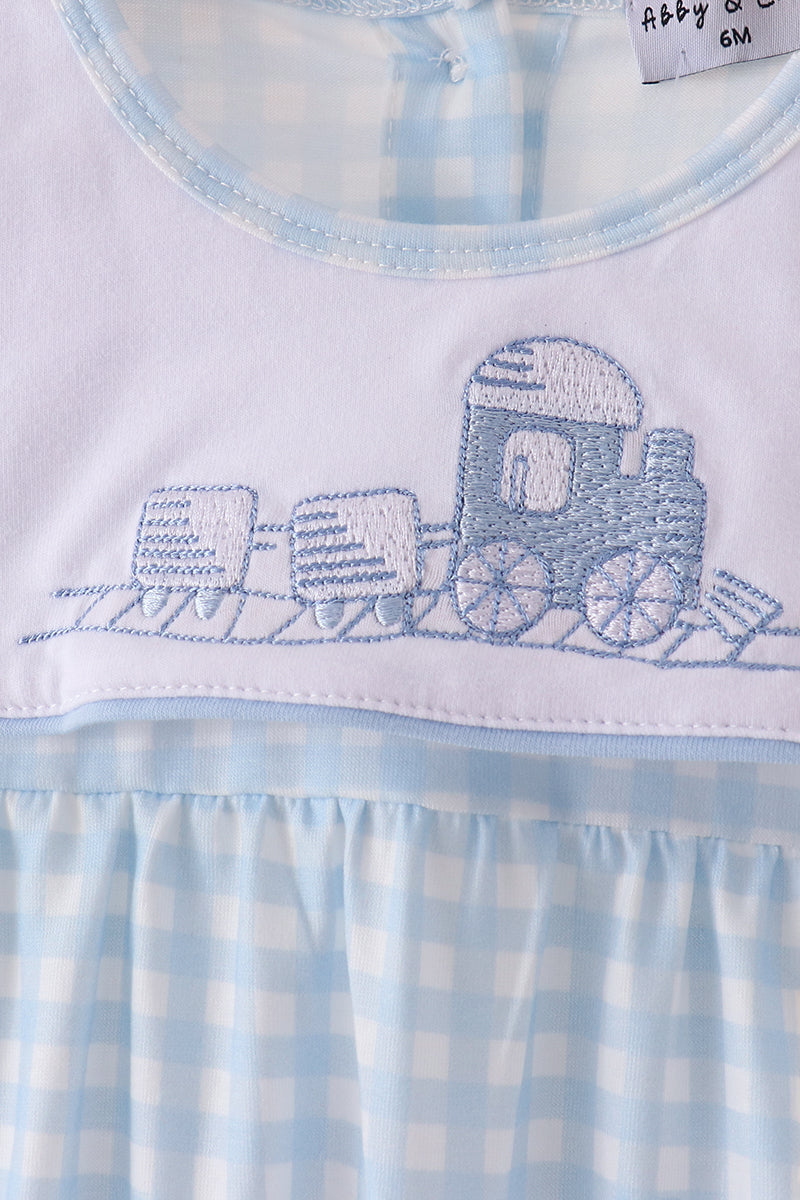 Train embroidery gingham romper
