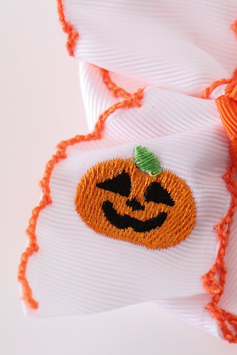 Jack-O-Lantern embroidery crochet edge hair bow