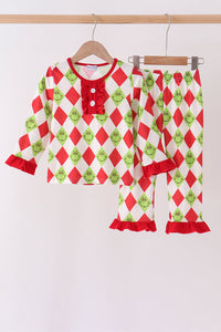 Grinch print ruffle pajama set