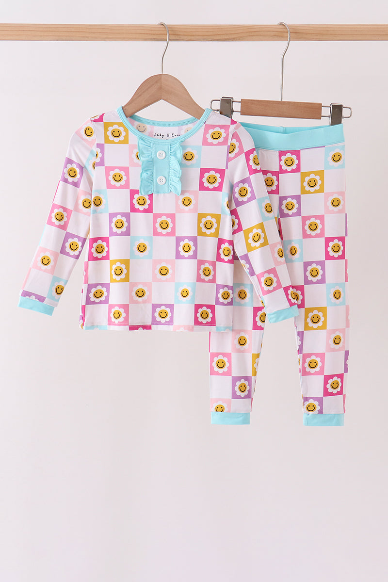 Smiling checkered ruffle bamboo pajama set