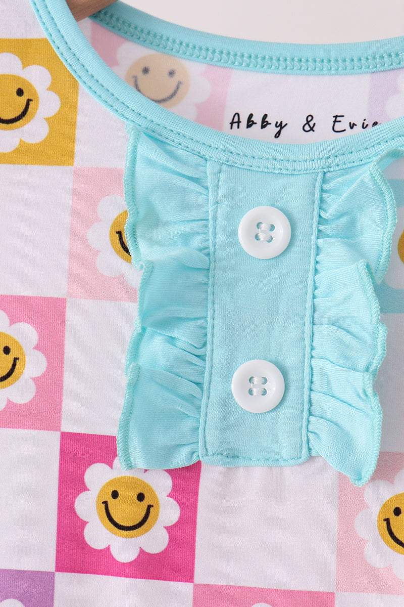 Smiling checkered ruffle bamboo pajama set