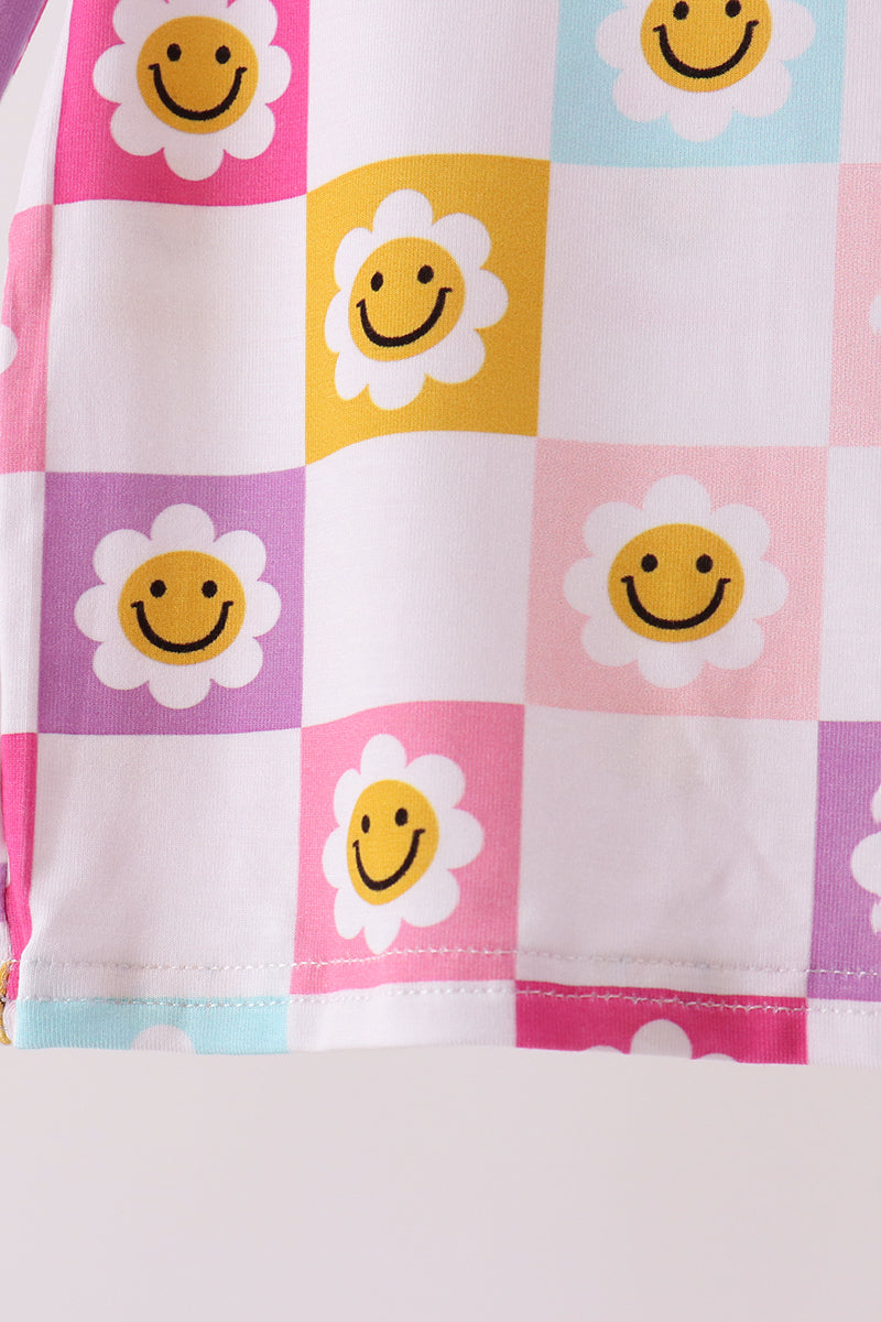 Smiling checkered ruffle bamboo pajama set