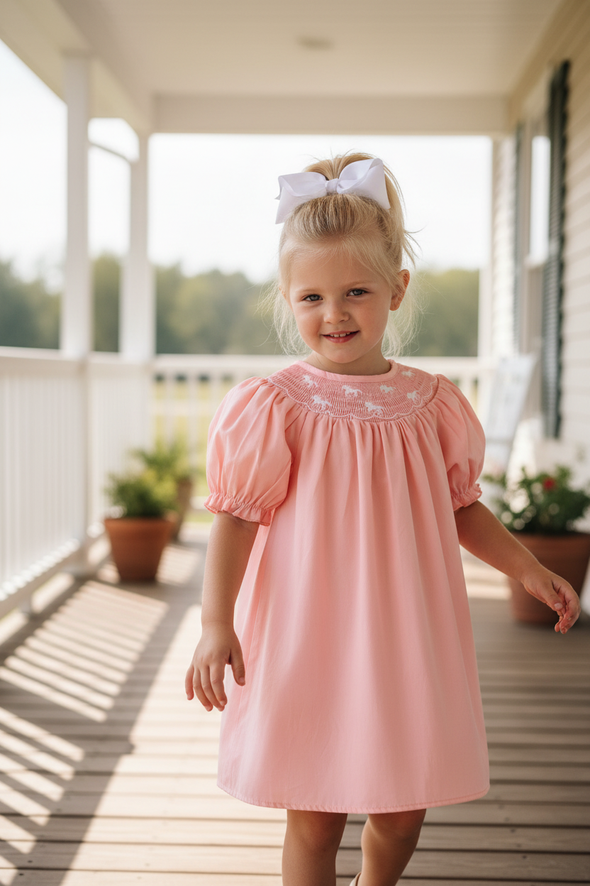 Girls Horse Smocking Embroidered Coral Dress