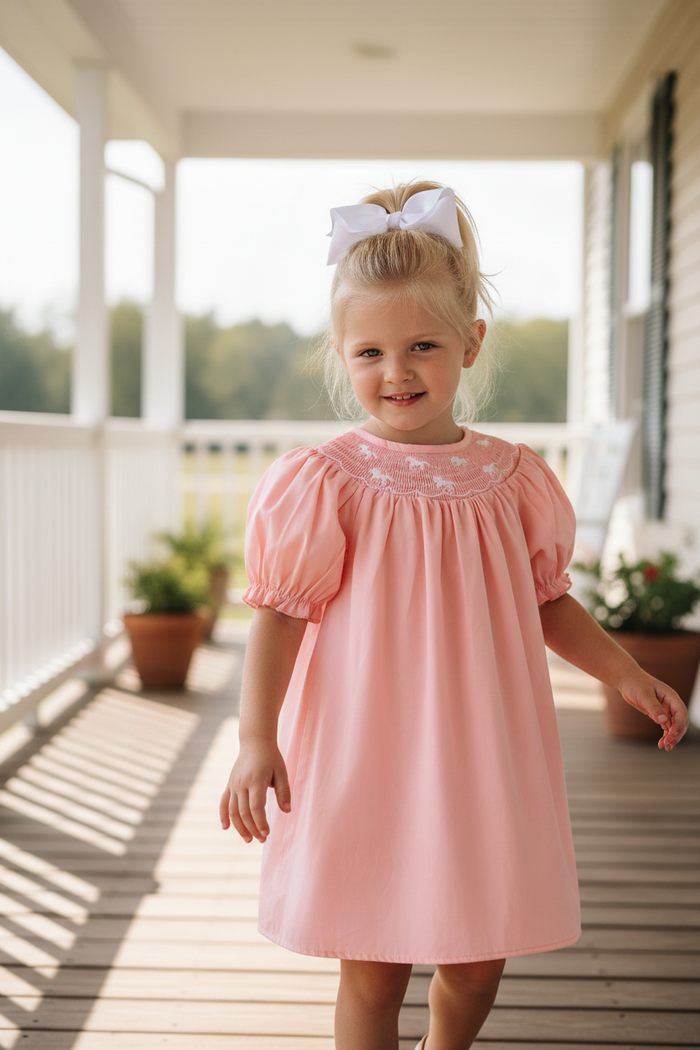Girls Horse Smocking Embroidered Coral Dress