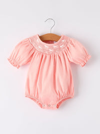 Girls Horse Smocking Embroidered Coral Romper