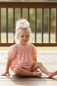Girls Horse Smocking Embroidered Coral Romper