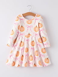 Pumpkin Bow Print Long Sleeve Dress