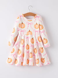 Pumpkin Bow Print Long Sleeve Dress