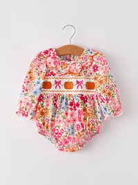 Pumpkin Bow Smock Embroidered Floral Baby Girl Romper