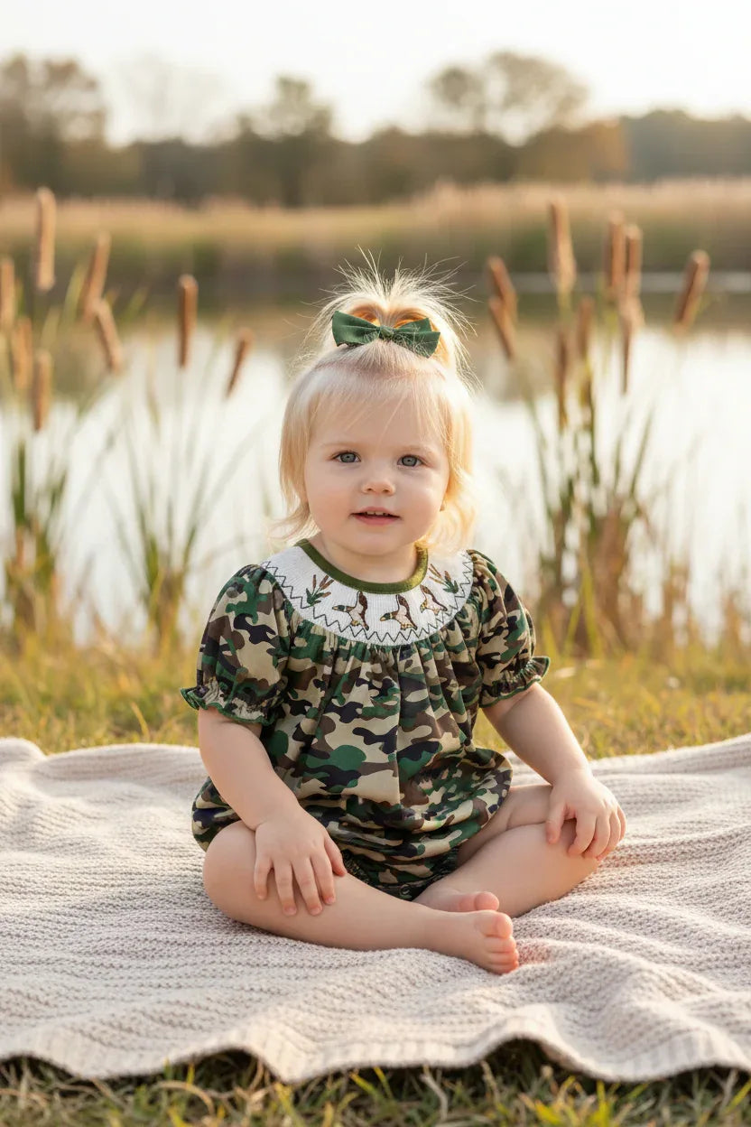 Camouflage Duck Smocking Embroidery Girls Romper - Essential Southern Charm