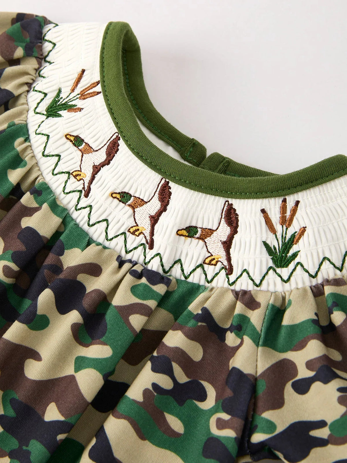 Camouflage Duck Smocking Embroidery Girls Romper - Essential Southern Charm