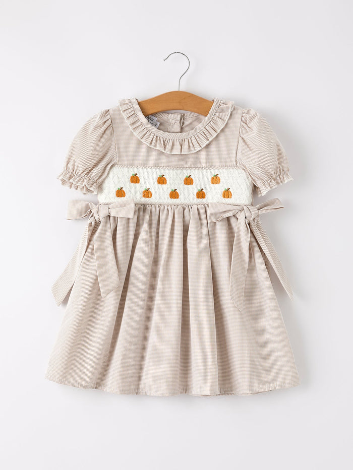 Pumpkin Embroidery Smock Plaid Girls Dress