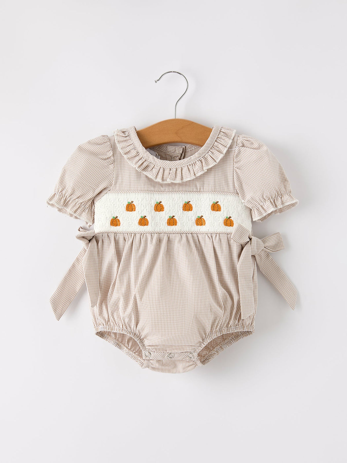 Pumpkin Embroidery Smock Plaid Baby Girl Romper