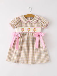 Fall Thanksgiving Lapel Plaid Chick Embroidery Smocking Bow Baby Girls Dress