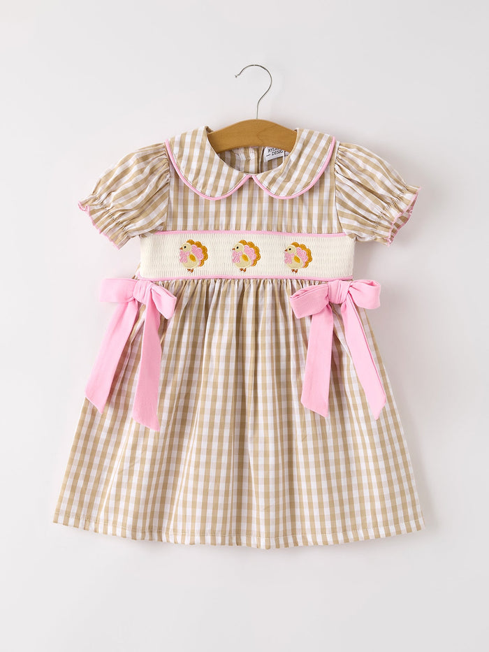 Fall Thanksgiving Lapel Plaid Chick Embroidery Smocking Bow Baby Girls Dress