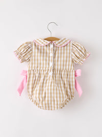 Fall Thanksgiving Lapel Plaid Chick Embroidery Smocking Bow Baby Girls Romper