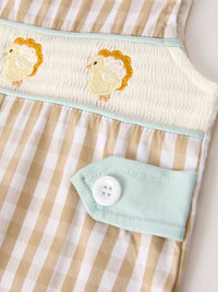 Fall Thanksgiving Apricot Plaid Chick Embroidery Smocking Baby Boys Romper