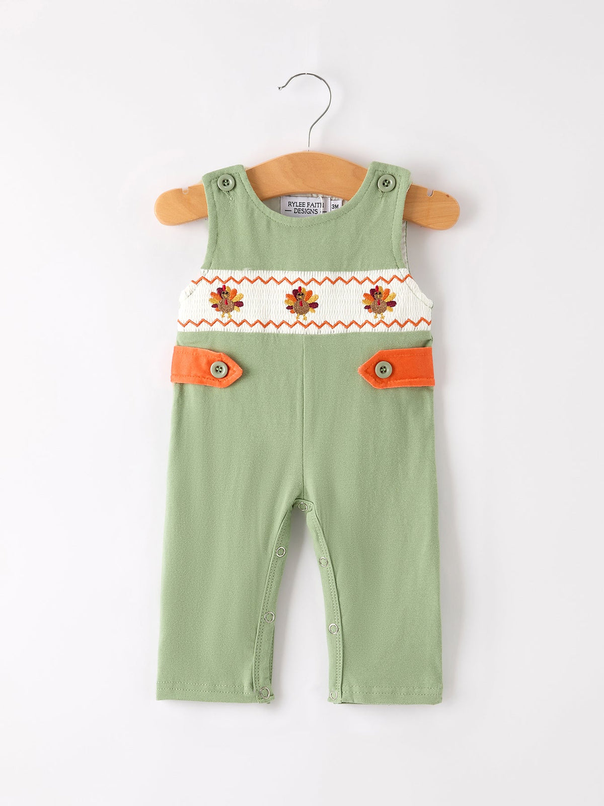 Turkey Smock Embroidered Green Boys Romper