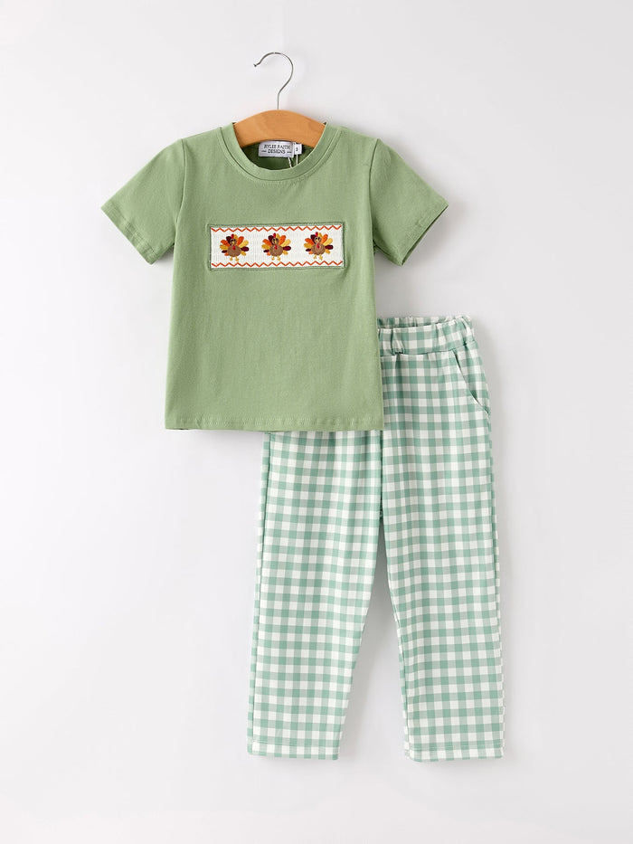 Turkey Smock Embroidered Green Plaid Boys 'Set