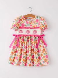 Autumn Thanksgiving Pumpkin Embroidery Smock Floral Girls Dress