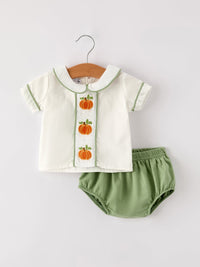 Pumpkin Applique Plaid Boys Bloomers Romper Set