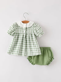 Pumpkin Applique Plaid Girls Bloomers Romper Set