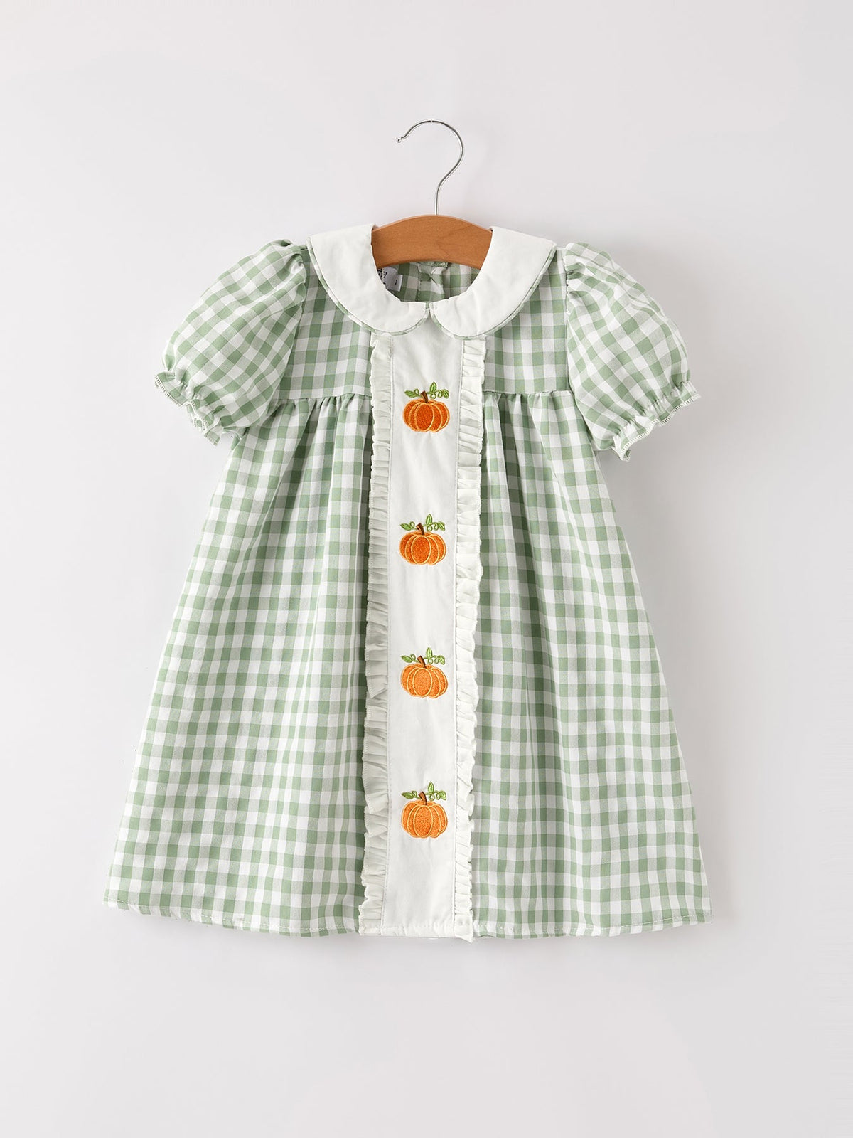 Pumpkin Applique Plaid Green Girls Dress