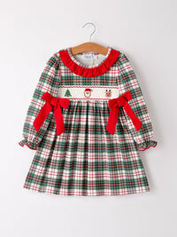 Christmas Embroidery Smocking Bow Plaid Girls Dress