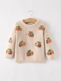 Pumpkin Sequin Sweater – Beige, Perfect for Fall