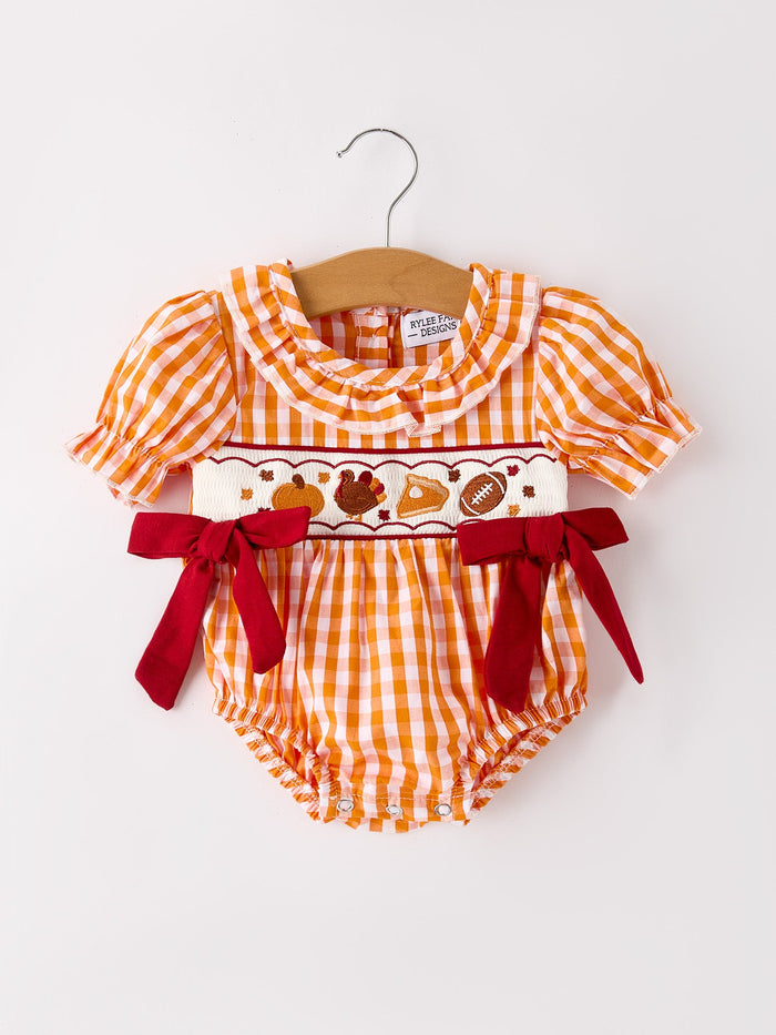 Fall Turkey Embroidered Romper for Baby Girls