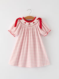 Pink Gingham Christmas Girls Dress: Santa Embroidery with Red Satin Ribbon