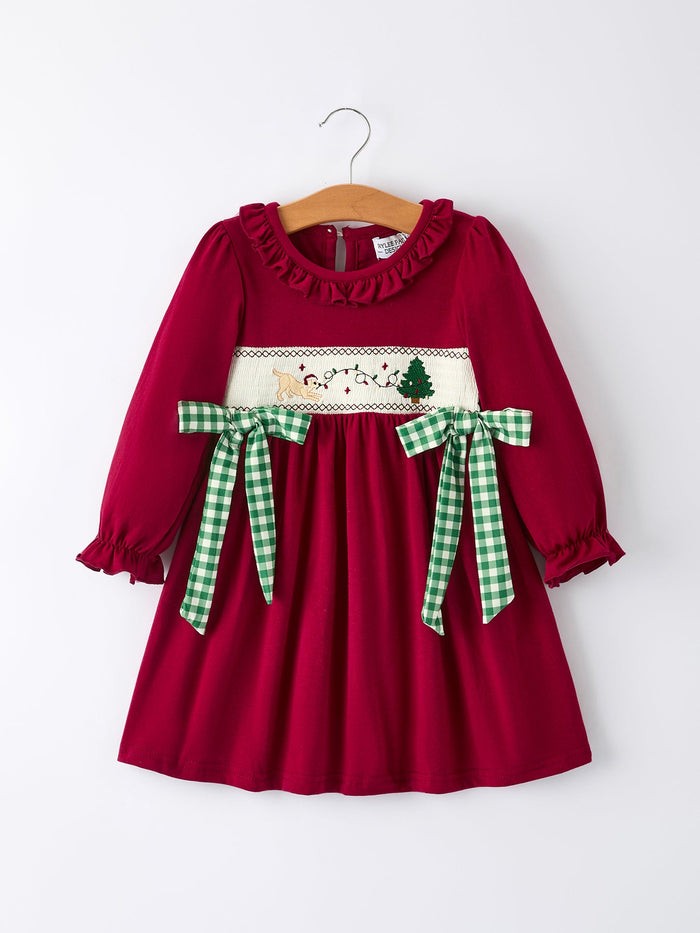 Christmas Smocking Embroidered Girls Dress with Green Plaid Bow