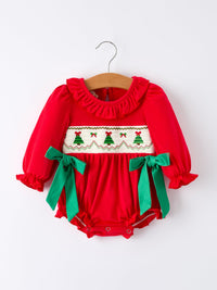 Christmas Smocked Girls Romper with Green Bow and Tree Embroidery