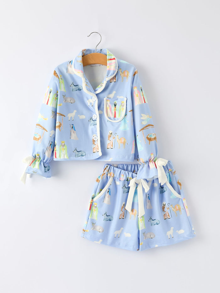 Christmas Nativity Pattern Girls Pajamas Set
