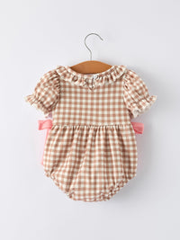 Christmas Vintage-Style Plaid Embroidered Gingerbread and Bows Girls Romper