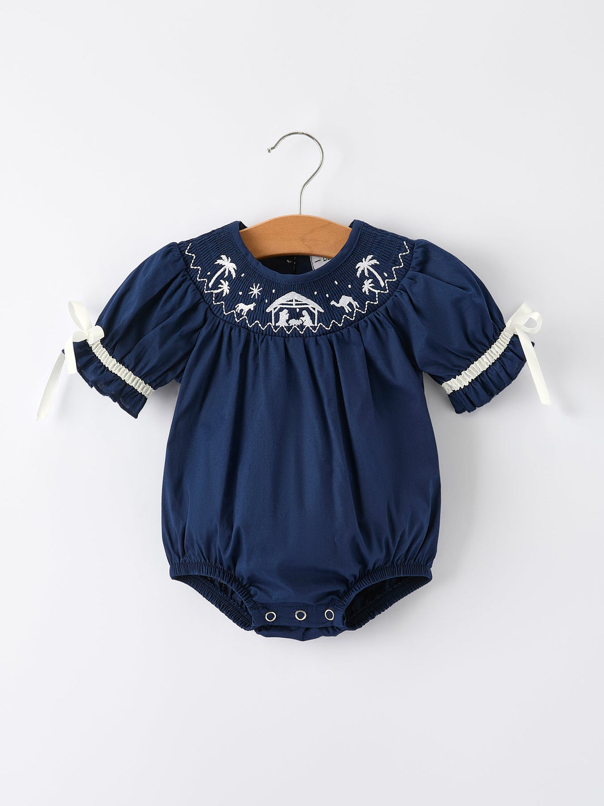 Nativity Smocking Embroidered Baby Girls Christmas Romper