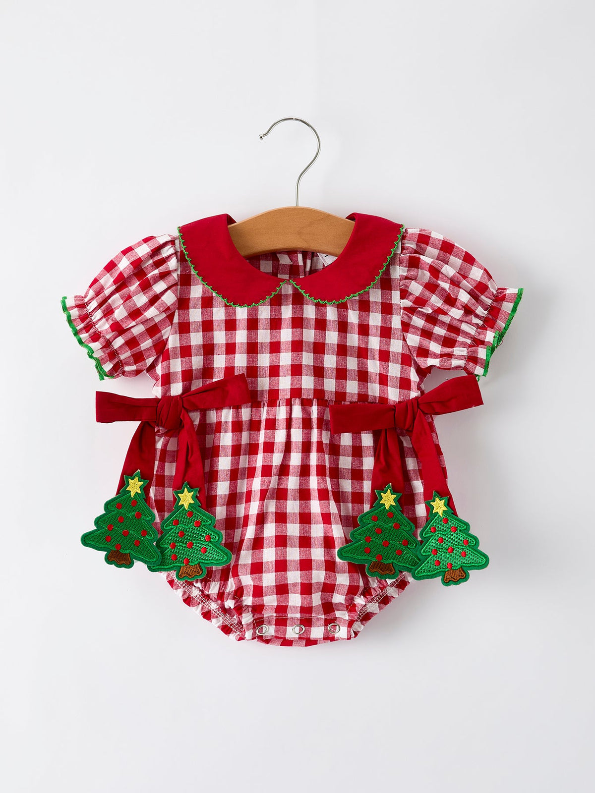 Red Plaid Romper with Tree Bow Accents
