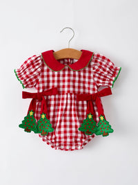 Red Plaid Romper with Tree Bow Accents
