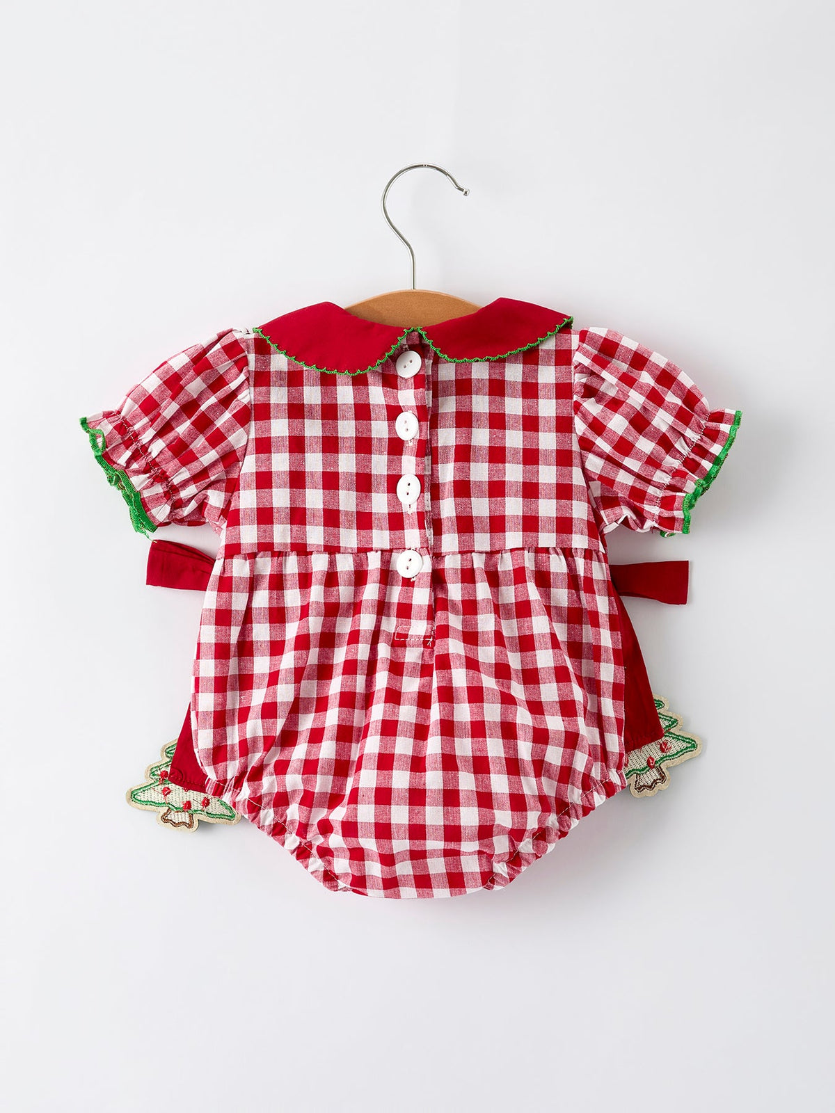 Red Plaid Romper with Tree Bow Accents