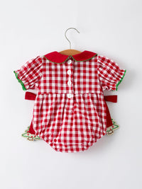 Red Plaid Romper with Tree Bow Accents