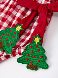 Red Plaid Romper with Tree Bow Accents