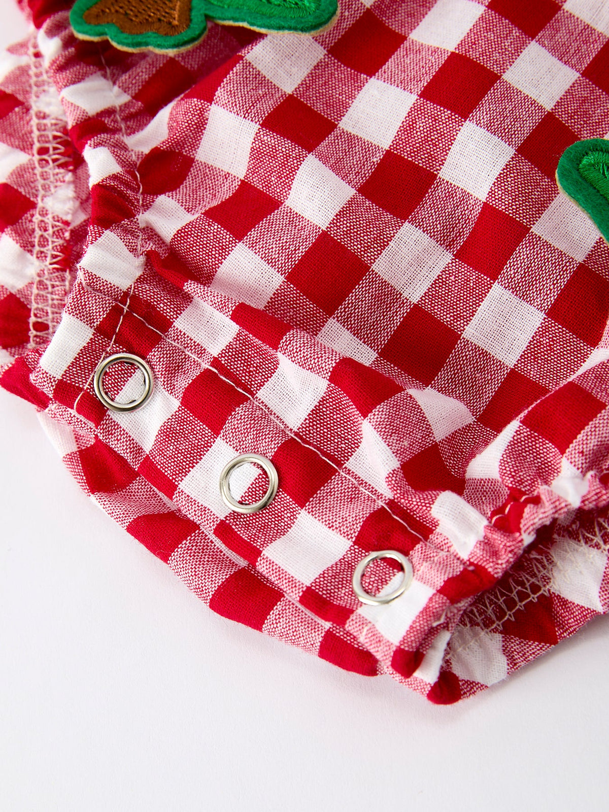 Red Plaid Romper with Tree Bow Accents