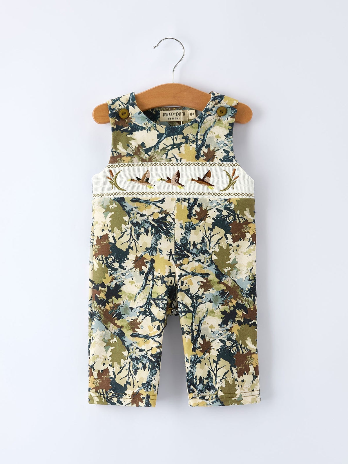 Baby boy romper with camo duck smocking embroidery on chest