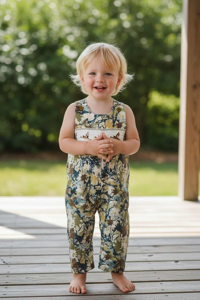 Baby boy romper with camo duck smocking embroidery on chest