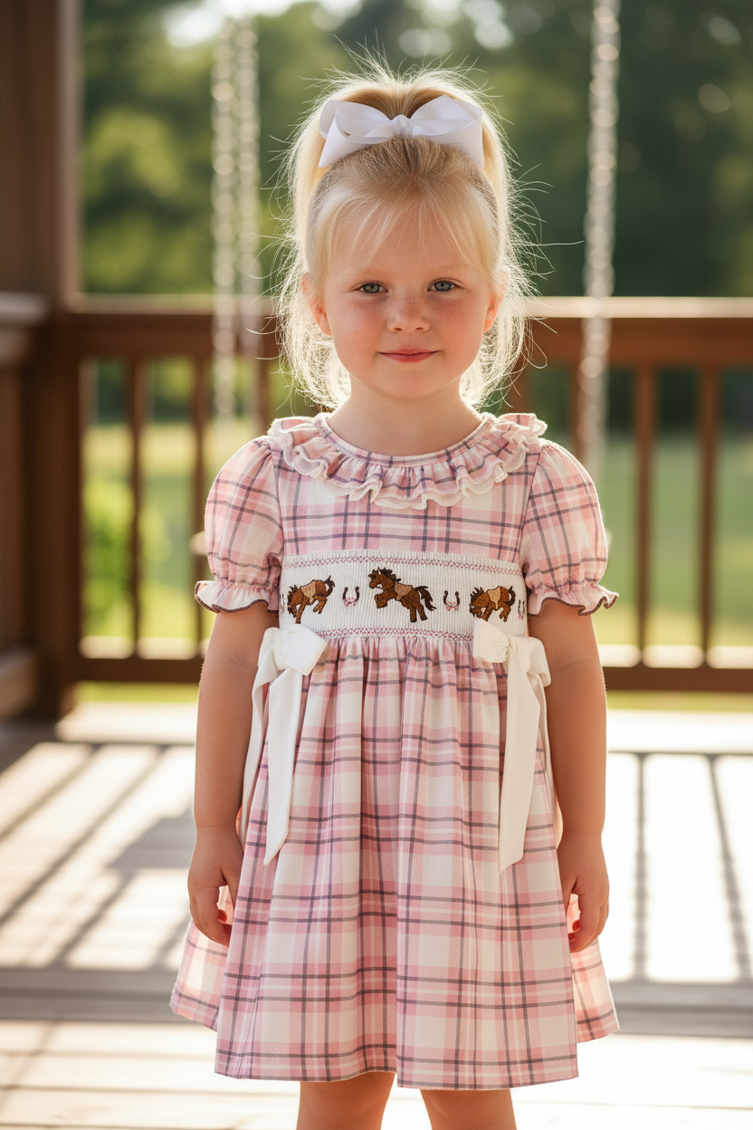 Western Horse Embroidered Smocked Plaid Girls Dress